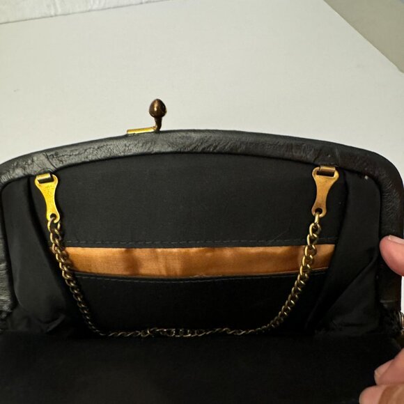 Liebermanns Lansing Michigan Black Leather Evening Clutch Dainty Gray Gold Chain - Picture 10 of 10